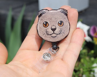 Scottish Fold Cat Retractable ID Badge holder for prepunch badges 33 inch  cord Nurse cat lover gift Swivel Clip