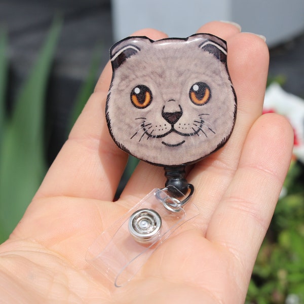 Scottish Fold Cat Retractable ID Badge holder for prepunch badges 33 inch cord Nurse cat lover gift Swivel Clip