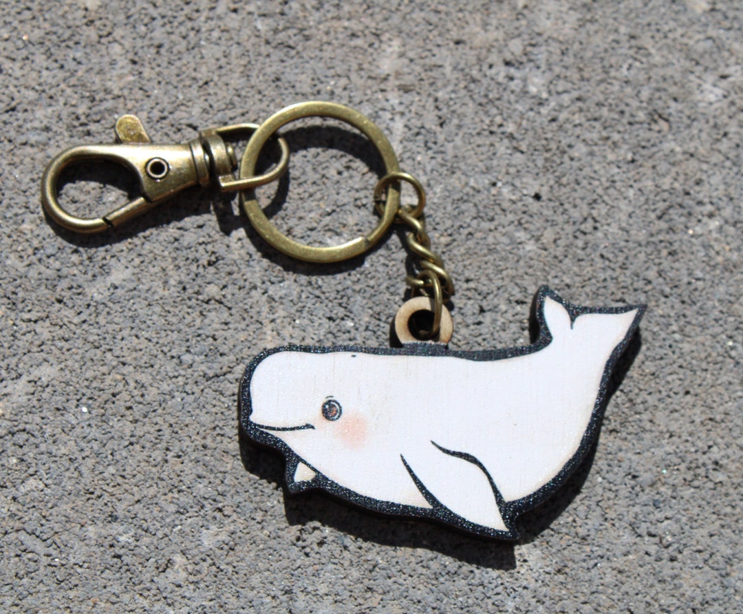 Wood White Beluga Whale Keychain Gift for Ocean Animal Lovers, Vet