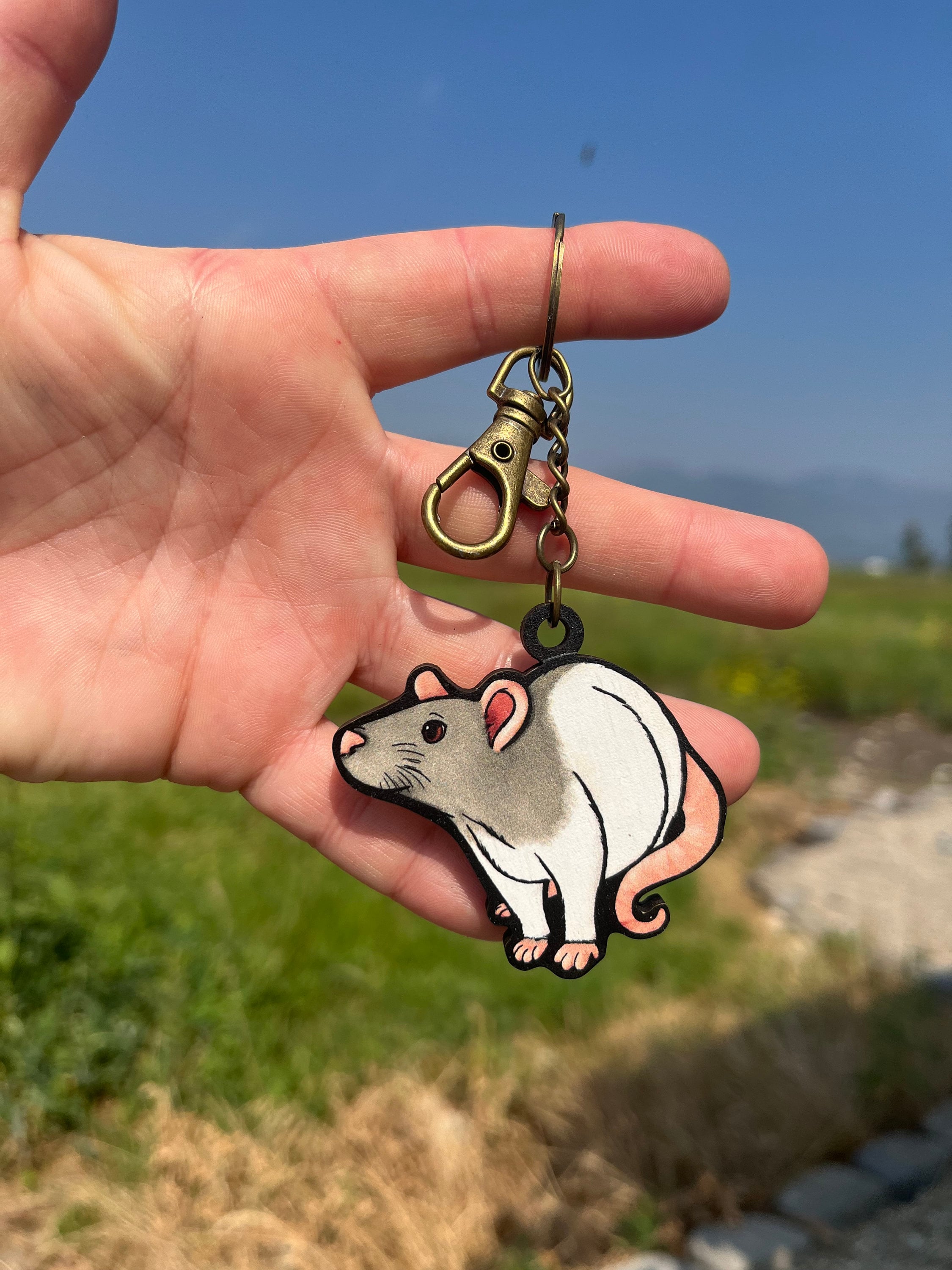 Wood Gray Hooded Rat Keychain: Gift for Mice Lovers, Vet Techs