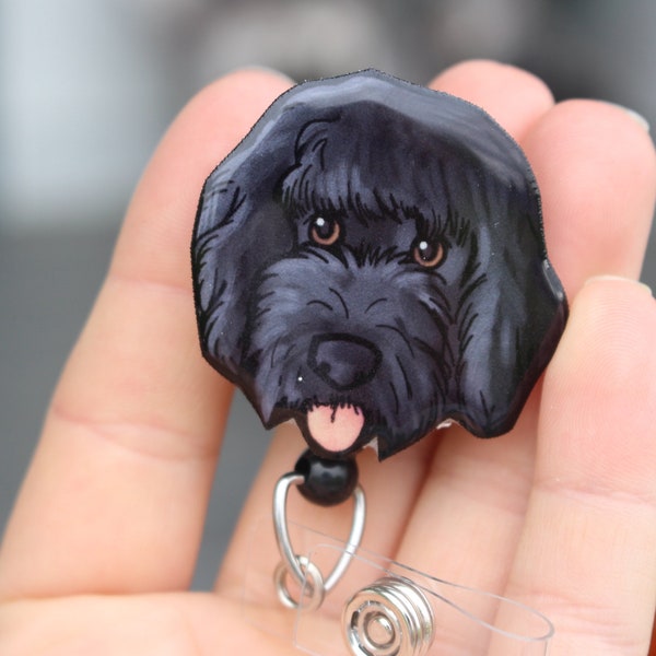 Black Goldendoodle Badge Reel: ID holder Dog lovers Gift for Nurses HCA's CNA's Housekeepers or veterinarian's Retractable swivel clip