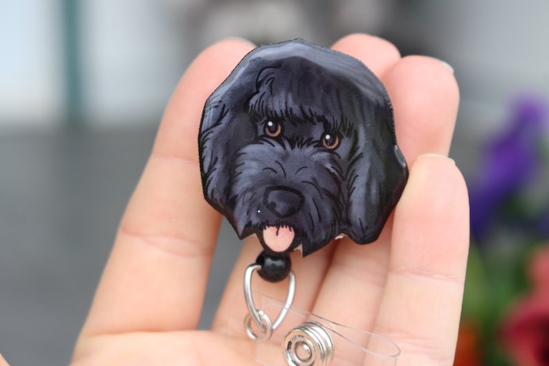 Black Goldendoodle Badge Reel: ID holder Dog lovers Gift for Nurses HCA's CNA's Housekeepers or veterinarian's Retractable swivel clip image 1