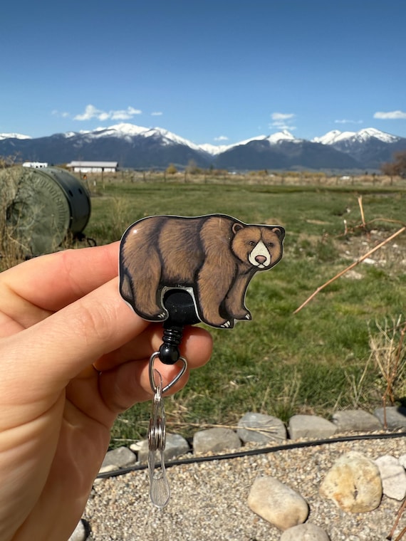 Grizzly Bear Badge Reel ID holder: Gift for Nurses, Cat lovers, vet techs, veterinarians, Teacher cute acrylic animal badge buddy