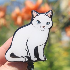 Cat Badge Reel ID holder: Gift for white kitty lover, vet tech, veterinarian, teacher animal badge reels