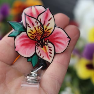Alstroemeria Peruvian Lily of the Inca Retractable ID Badge holder for prepunch badges 33 inch cord Nurse Flower lover gift image 1