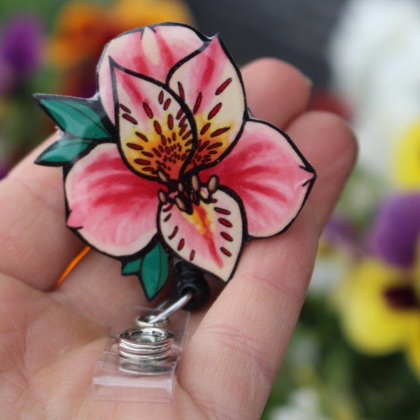 Alstroemeria Peruvian Lily of the Inca Retractable ID Badge holder for prepunch badges 33 inch cord Nurse Flower  lover gift