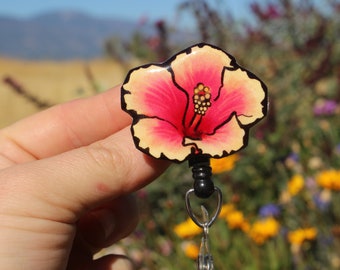 Hibiscus Flower Badge Reel ID holder: retractable gift for pink flower lovers, doctors nurses, gardeners  floral flower badge reel