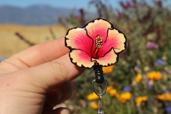 Hibiscus Flower Badge Reel ID Holder: Retractable Gift for Pink