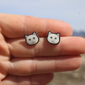 White Cat Stud Earrings: Gift for cat animal lovers, vet techs, veterinarians, zookeeper's cute earrings with Stainless Steel Posts