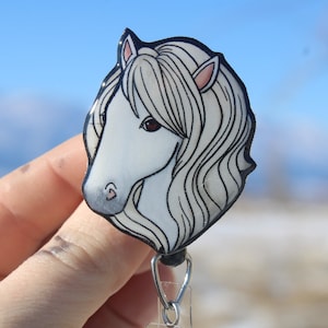 White Horse Badge Reel ID holder: Gift for horse lovers Nurses, vet techs, veterinarians, teachers, zookeepers farm animal Badge reels