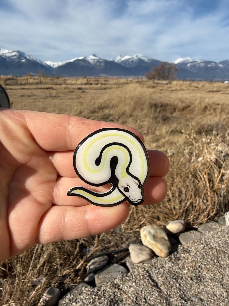 May include: A white and yellow snake pin with a black outline. The snake is curled in a stylized design with a small, detailed head. The pin is held in a hand against a backdrop of mountains and a field.