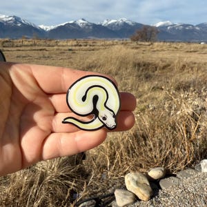 May include: A circular enamel pin featuring a coiled snake design. The snake has a white body with a yellow stripe and black outline. The pin is held in front of a scenic background of mountains and a field.