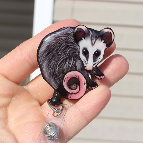 Opossum Possum Badge Reel ID holder: Gift for opossum lovers nurses, vet techs, HCA CNA, veterinarians cute animal badge reels