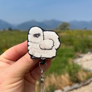 Silkie Chicken Badge Reel ID Holder: Retractable Gift for Farm Animal Lovers, nurse, veterinarian, vet techs cute bird animal badge reels