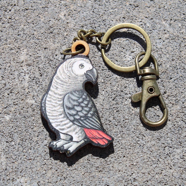 Wood African Grey Parrot Keychain: Gift for Animal lovers, vet techs, veterinarians, zookeepers cute animal keyring art