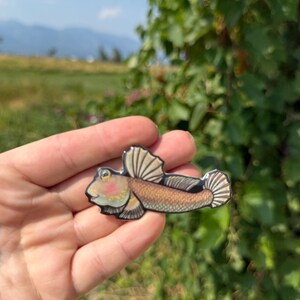 May include: A colorful fish-shaped enamel pin with a detailed design. The pin features shades of brown, tan, and pink, with a fan-shaped fin and a smiling expression. The pin is held in a hand against a blurred outdoor background.