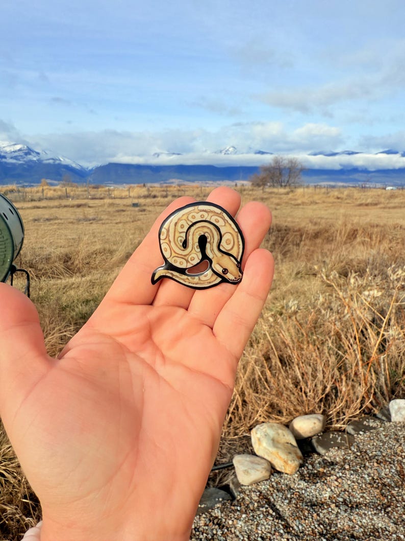 May include: A circular snake-shaped pin with a cream and brown pattern, outlined in black. The pin is held in a hand against a backdrop of a field, mountains, and a cloudy sky. The pin is a decorative accessory.