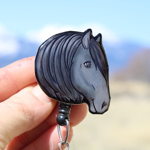 Black Horse Badge Reel ID holder: Gift for horse lovers Nurses, vet techs, veterinarians, teachers, zookeepers farm animal Badge reels