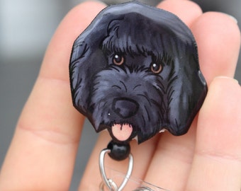 Black Goldendoodle Badge Reel: ID holder Dog lovers Gift for Nurses HCA&#39;s CNA&#39;s Housekeepers or veterinarian&#39;s Retractable swivel clip