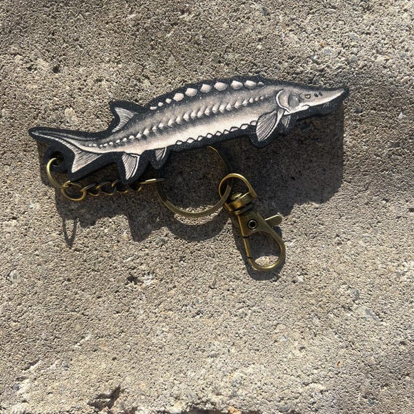 Wood Sturgeon Fish Keychain: Gift for game fisher lovers, vet techs, veterinarians, and zookeepers cute animal keyring art