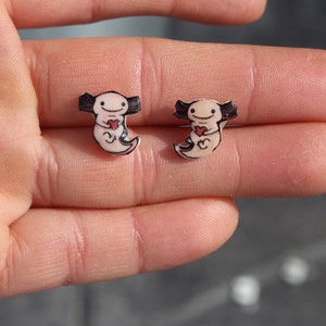 axolotl earrings : Surgical Steel Studs Great for sensitive ears gift for salamander lovers axolotl loss memorial