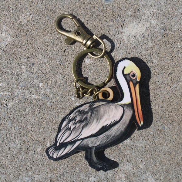 Wood Brown Pelican Bird Keychain: Gift for Animal lovers, bird watchers, vet techs, veterinarians, zookeepers cute animal keyring art