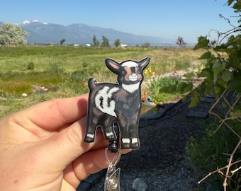 Goat Badge Reel ID holder: Gift for Farm Animal Lovers, nurses, vet techs, veterinarians, Teachers cute animal badge buddy