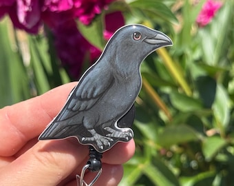 Crow Badge Reel ID holder: Gift for Nurses, Bird lovers, vet techs, veterinarians, Teachers cute acrylic animal badge buddy