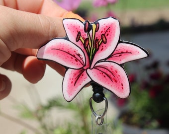 Stargazer Lily  Flower Badge Reel ID holder: retractable gift for pink flower lovers, doctors nurses, gardeners  floral flower badge reel