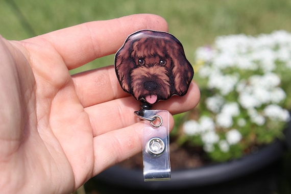 Chocolate Goldendoodle Badge Reel: ID Holder Dog Lovers Gift for