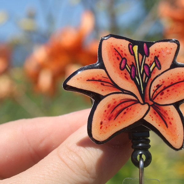 Stargazer Lily  Flower Badge Reel ID holder: retractable gift for pink flower lovers, doctors nurses, gardeners  floral flower badge reel