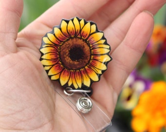 Sunflower Retractable ID Badge holder for prepunch badges 33 inch cord Nurse Flower  lover gift