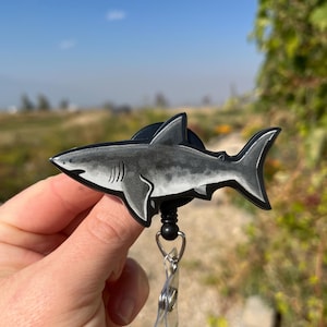 Acrylic  Great White Shark Badge Reel ID holder: Gift for Ocean Lover, nurses, Scuba divers, veterinarians, Teachers cute animal badge buddy