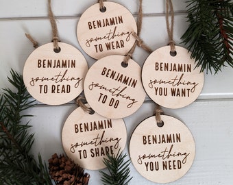 Personalized Set of Something To Tags, Something You Want Need Wear Read Do Share, Wood Holiday Reusable Custom Name Christmas Gift Tags
