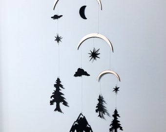 Rocky Mountain Paper Mobile by Annex Suspended - mountain theme hanging decor for nursery or baby room in black, brown, grey and beige.