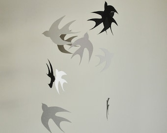 Flock of Swallows Bird Paper Mobile in black, grey and off-white. A Bird mobile hanging decor by Annex Suspended