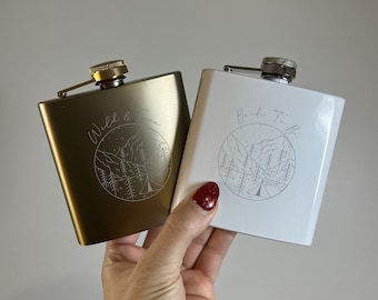 Wild and Free Bride To Be Custom Laser Engraved Flask | Bridal Party Weekend Gift | Camp Bachelorette Party Stagette |Mountain Woods Getaway