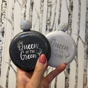 Queen of the Green Laser Engraved Flask Personalized Golf Gift Name Round Glitter Diamond Flask Women's Golfing Present Mom Sister image 1