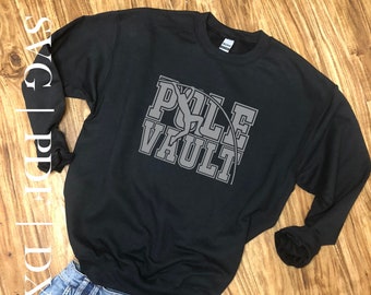 May include: Black sweatshirt with a gray graphic of a pole vaulter and the text "POLE VAULT" in a gray block font.
