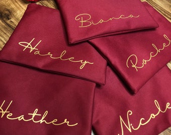 Gold Name Burgundy Custom Makeup Bag / Maroon / Monogram / Bridesmaid / Gift / Favour Bag / Proposal Written Inside / Present / Wedding