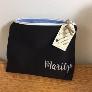 Black Custom Standing Cosmetic Bag / Toiletry Makeup / Monogram / Name / Bridesmaid / Graduation/ Birthday / Made in Canada / Writing Inside