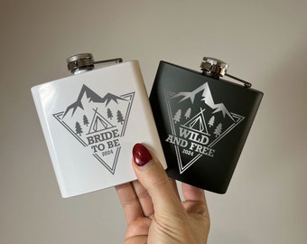 Wild and Free Bride To Be Mountains Custom Laser Engraved Flask | Bridal Party Weekend | Camp Bachelorette Moon Adventure Camping Stagette