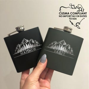 Custom Name Mountain Design Laser Engraved Flask | Personalized Initial Monogram | Gift | Ski Snowboard Snowmobile Trip | Outdoor Rockies