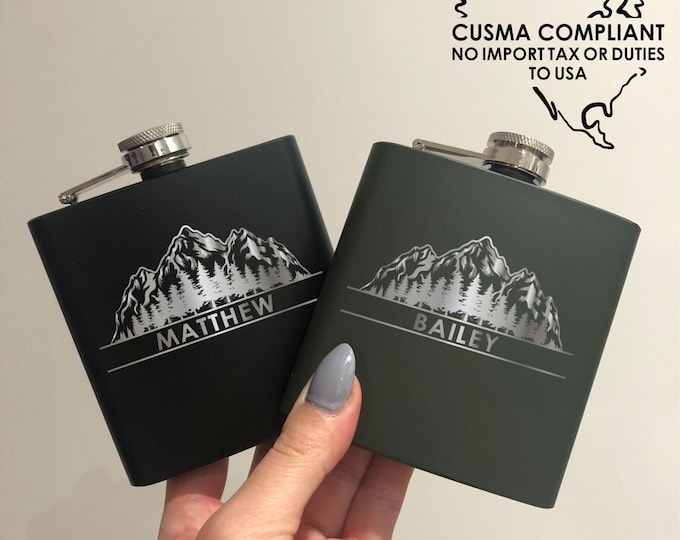 Custom Name Mountain Design Laser Engraved Flask | Personalized Initial Monogram | Gift | Ski Snowboard Snowmobile Trip | Outdoor Rockies