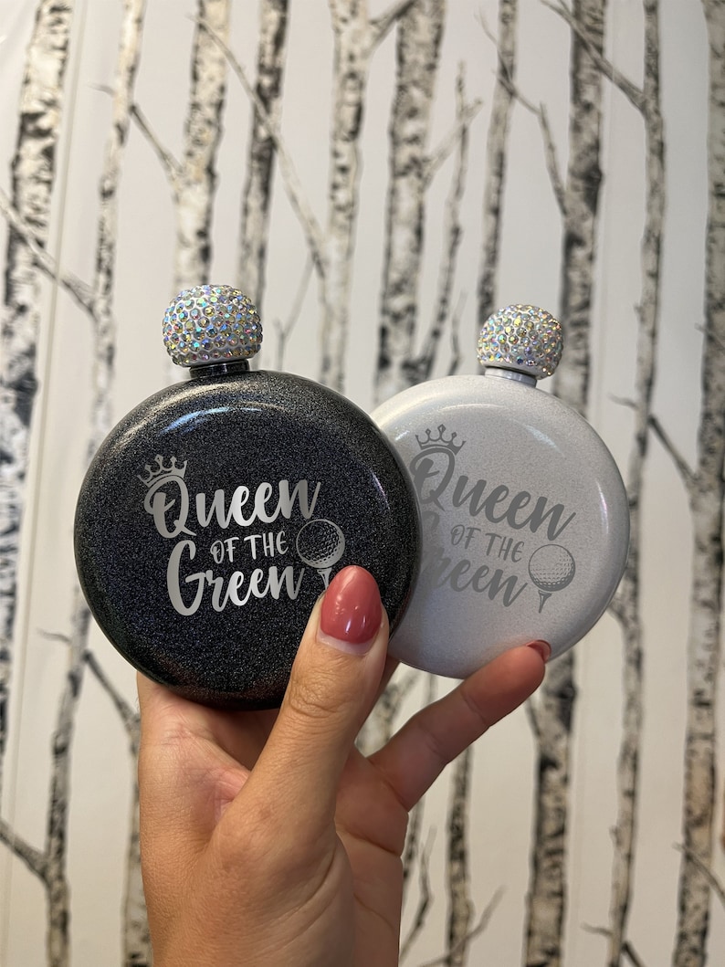 Queen of the Green Laser Engraved Flask Personalized Golf Gift Name Round Glitter Diamond Flask Women's Golfing Present Mom Sister image 1