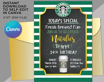 Starbucks party, Starbucks birthday theme, Starbucks birthday invitation, Starbucks theme, Starbucks invitation, Canva, Digital Download