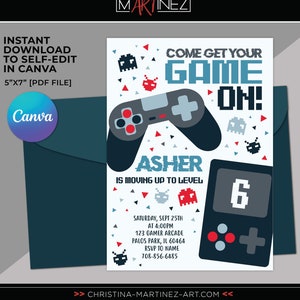 Video Game Party Invitation, Gamer Birthday Party, Level Up Gamer, Video Game Theme Birthday Party, Video Game Birthday, Canva Template