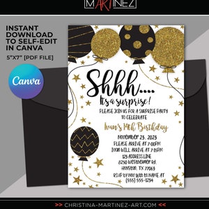 Surprise Party Invitation, Shhh Surprise Party Invitation, Surprise Birthday Party, Black and Gold Party Template, Shhh It&#39;s a Surprise