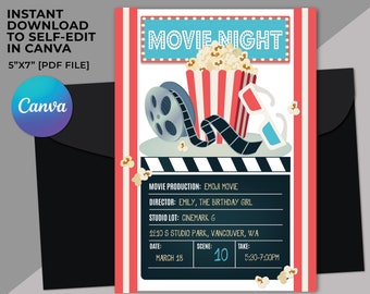 Movie Night Party Invitation, Popcorn party, Theater birthday invitation, Popcorn Movie Birthday Theme, Movies & Popcorn party, Canva