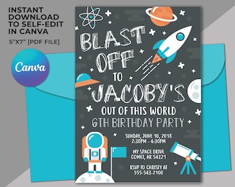 May include: A printable 5" x 7" PDF invitation for a 6th birthday party with a space theme. The invitation features a rocket, planets, stars, and an astronaut on the moon. The text reads "Blast Off to Jacoby's Out of This World 6th Birthday Party".